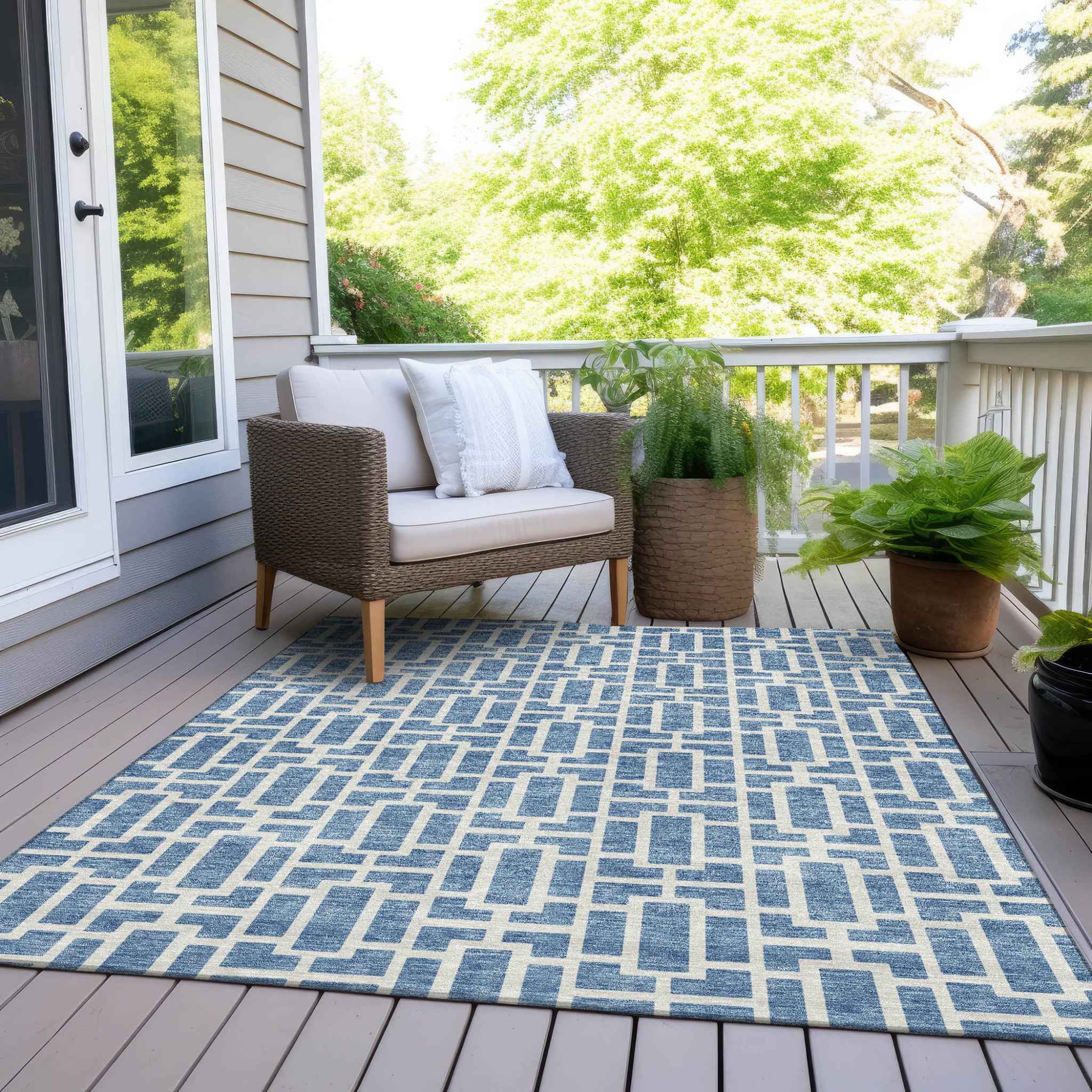 8' X 10' Denim Blue And Ivory Geometric Washable Indoor Outdoor Area Rug