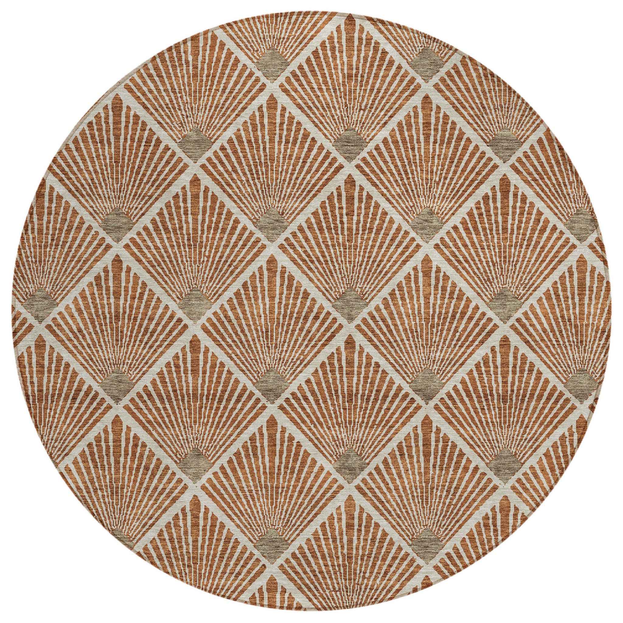 8' Brown Copper And Beige Round Geometric Washable Indoor Outdoor Area Rug