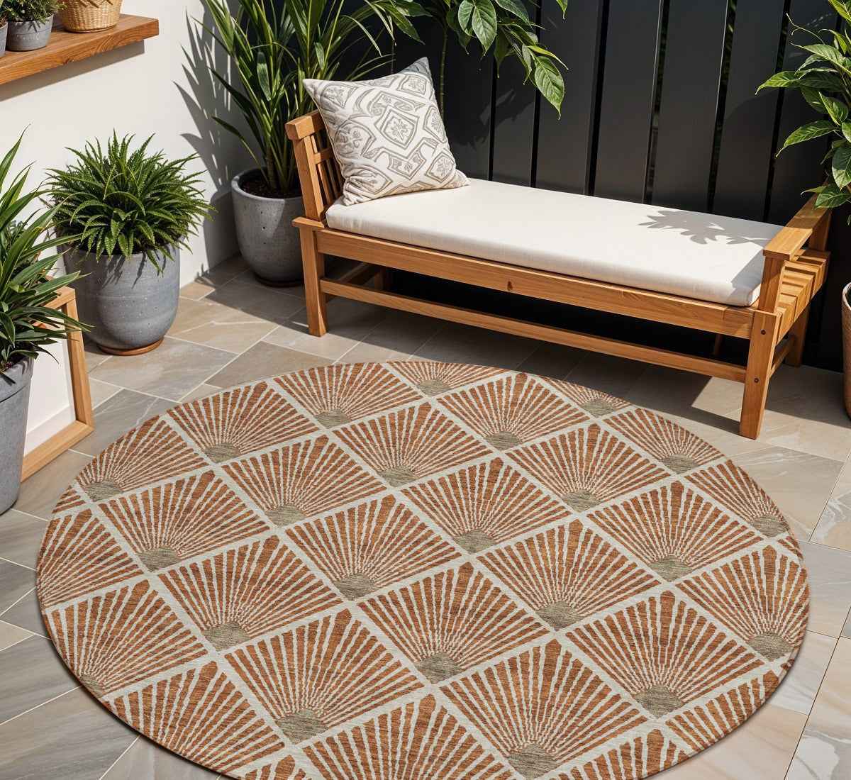 8' Brown Copper And Beige Round Geometric Washable Indoor Outdoor Area Rug