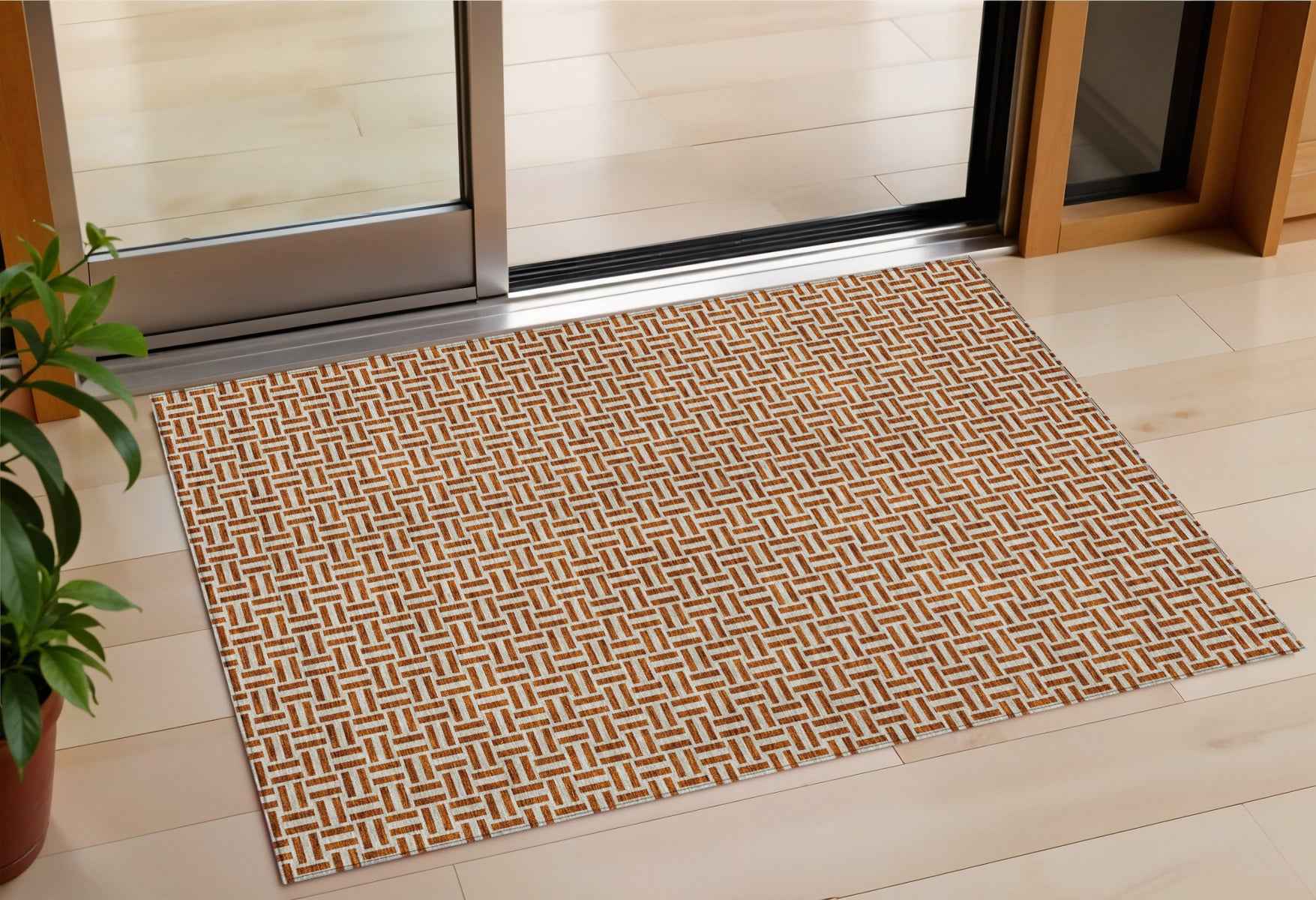 3' X 5' Copper And Beige Geometric Washable Indoor Outdoor Area Rug