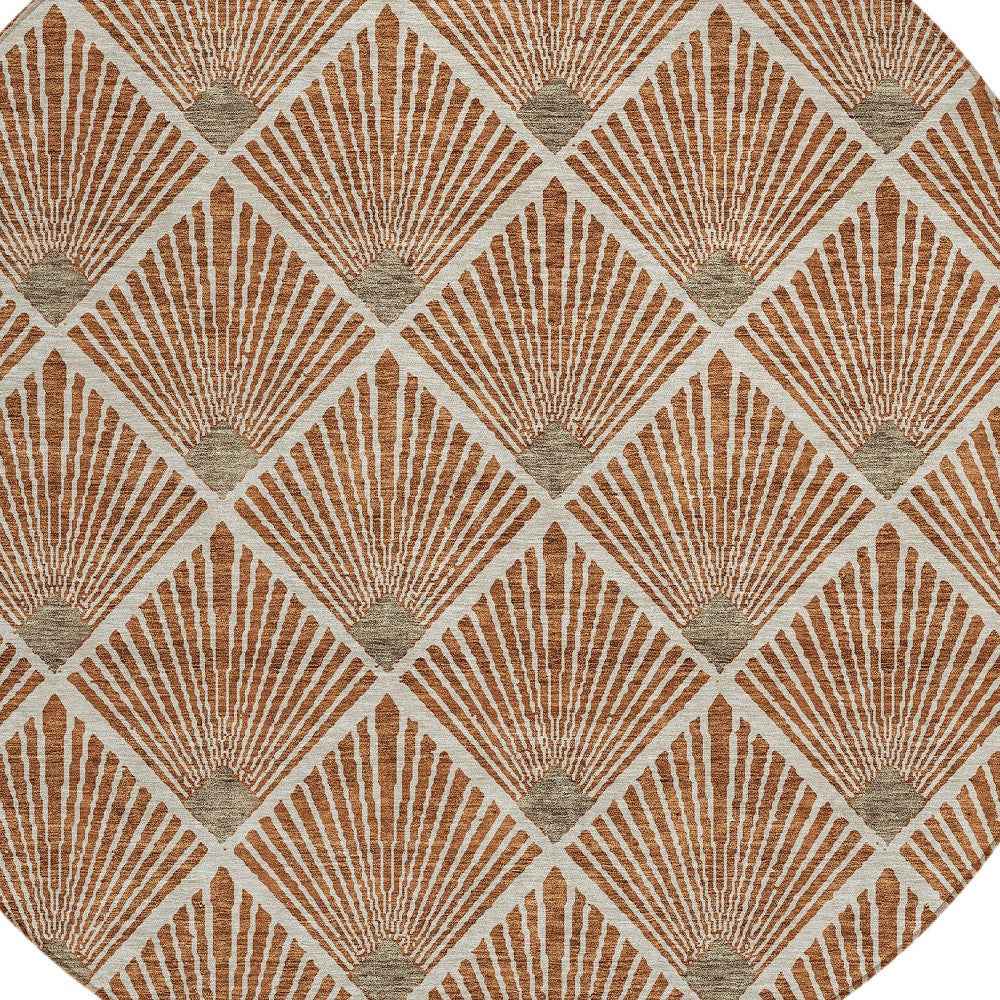 8' Brown Copper And Beige Round Geometric Washable Indoor Outdoor Area Rug