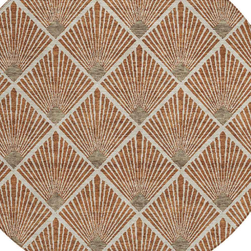 8' Brown Copper And Beige Round Geometric Washable Indoor Outdoor Area Rug