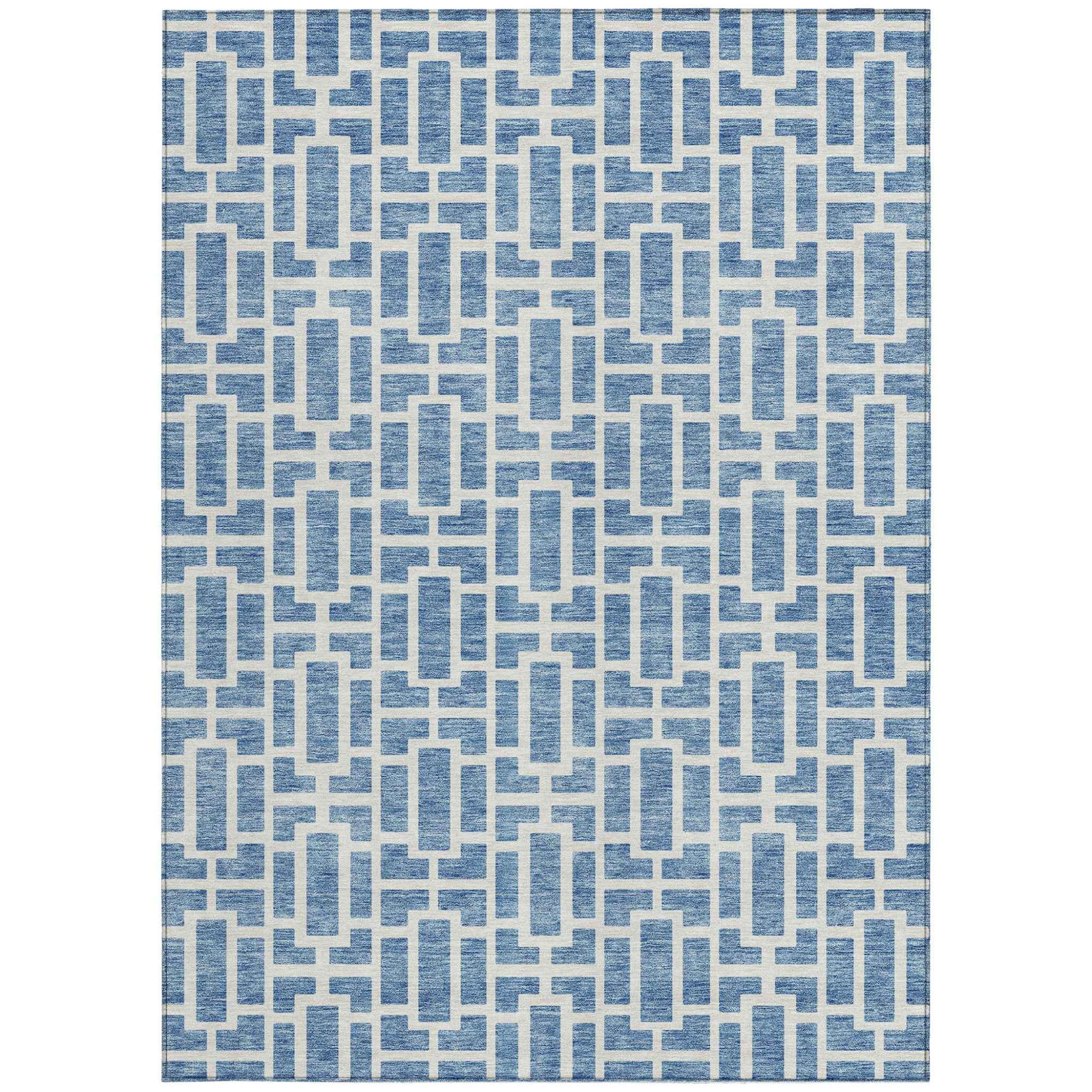 8' X 10' Denim Blue And Ivory Geometric Washable Indoor Outdoor Area Rug