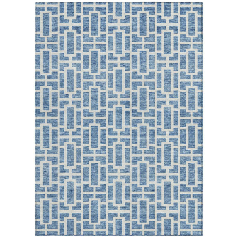 8' X 10' Denim Blue And Ivory Geometric Washable Indoor Outdoor Area Rug