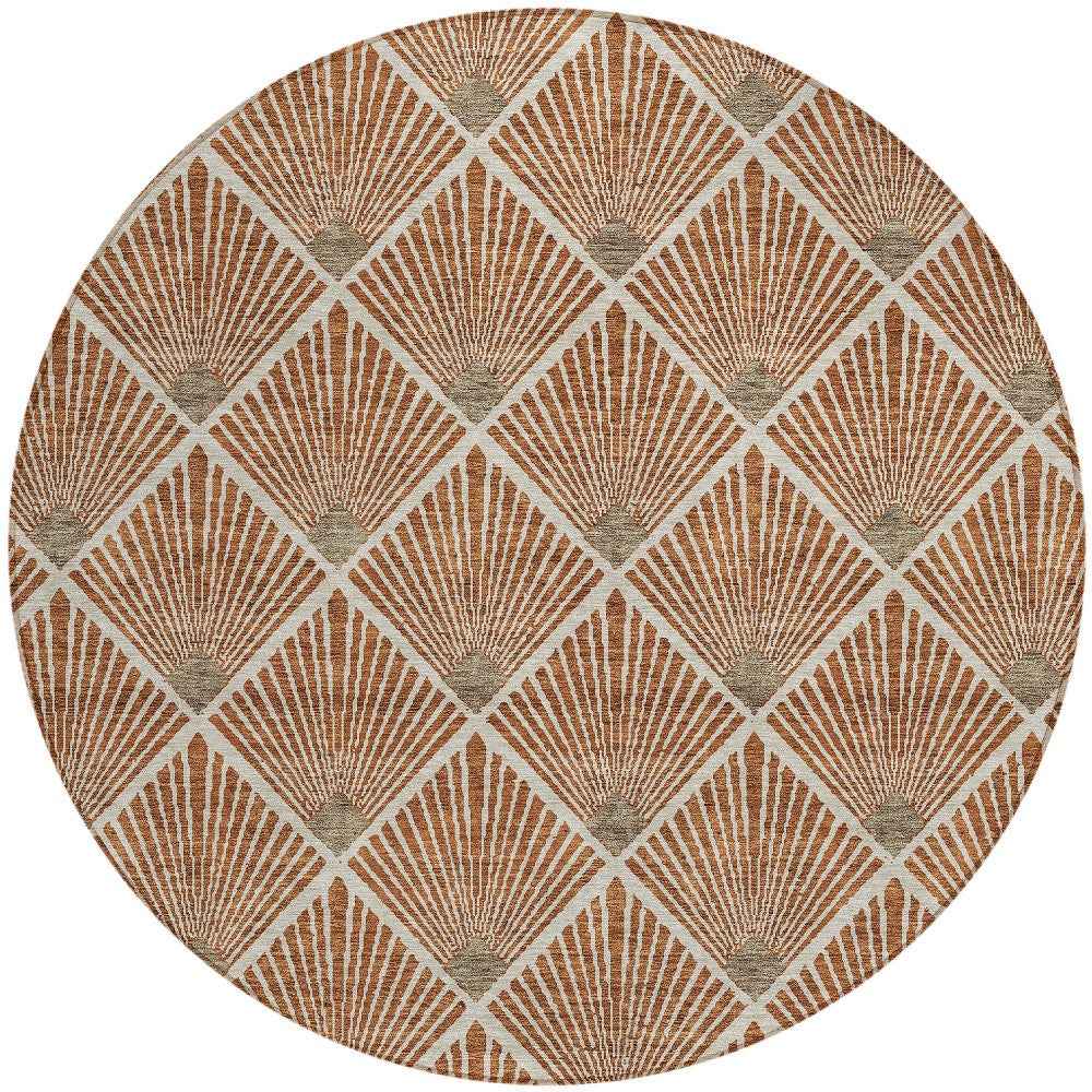8' Brown Copper And Beige Round Geometric Washable Indoor Outdoor Area Rug