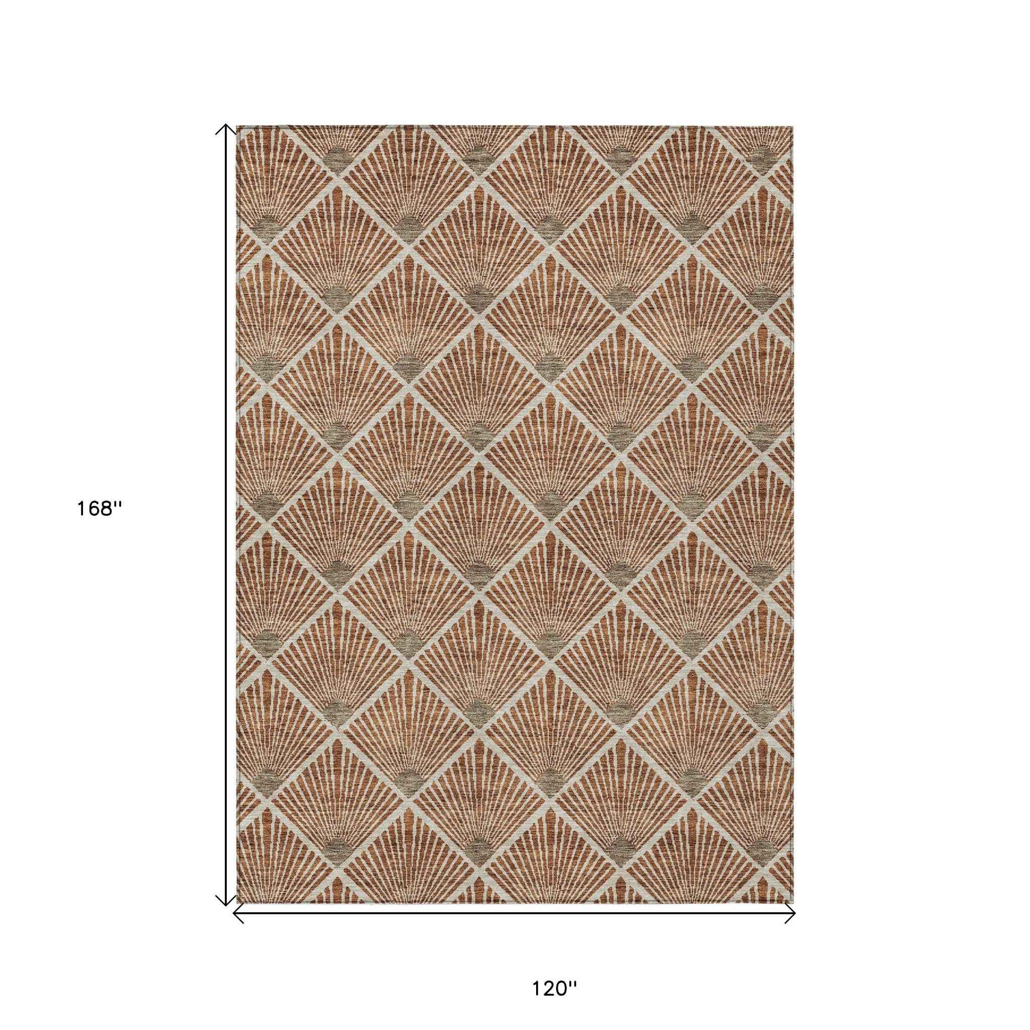 10' X 14' Brown Copper And Beige Geometric Washable Indoor Outdoor Area Rug
