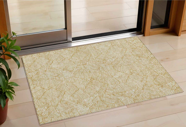 3' X 5' Gold And Beige Floral Washable Indoor Outdoor Area Rug