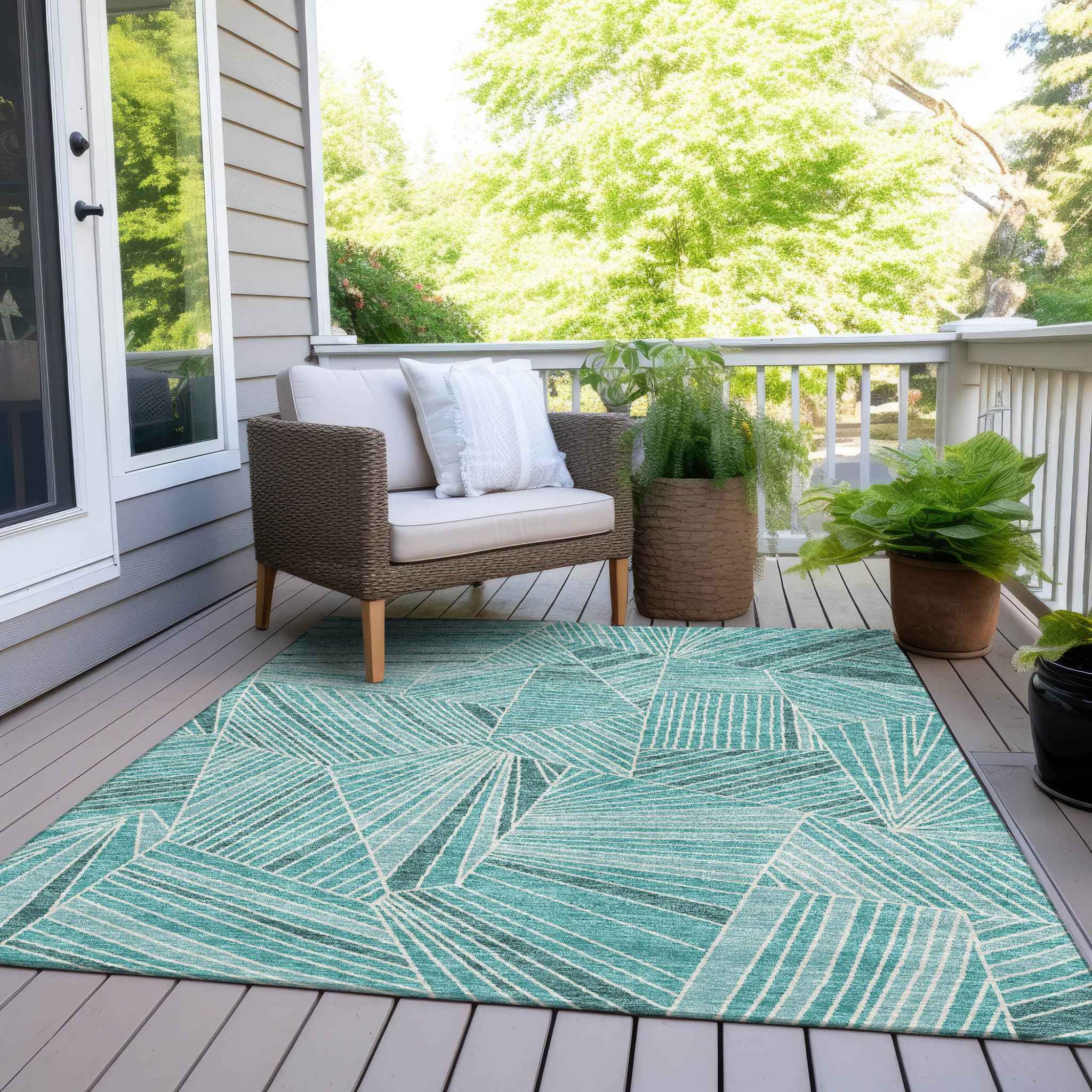 8' X 10' Teal Blue And Ivory Geometric Washable Indoor Outdoor Area Rug