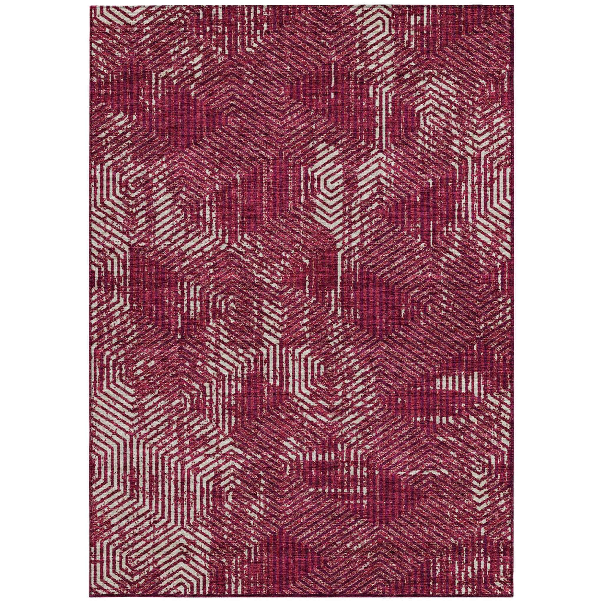 9' X 12' Burgundy And Ivory Geometric Washable Indoor Outdoor Area Rug