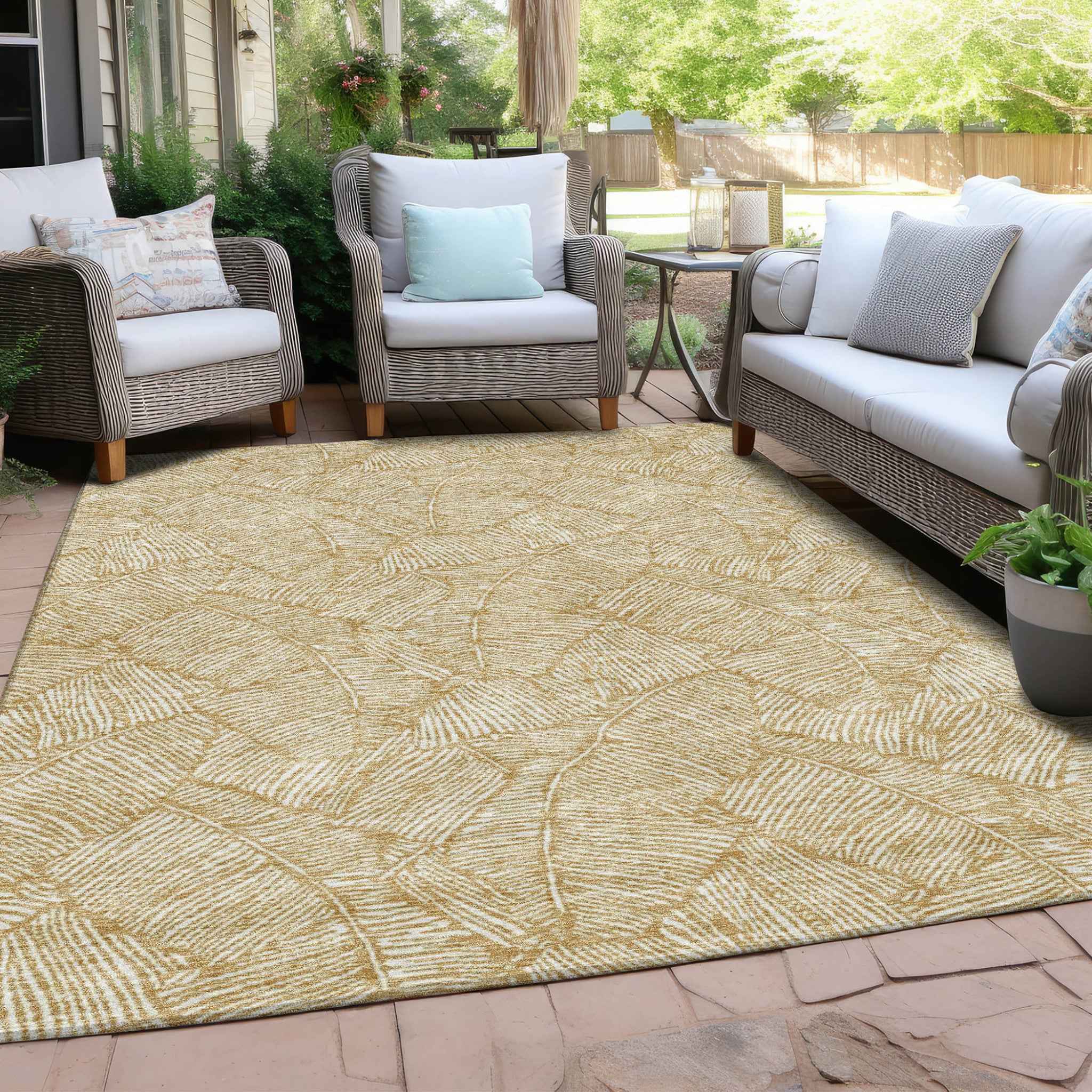 3' X 5' Gold And Beige Floral Washable Indoor Outdoor Area Rug