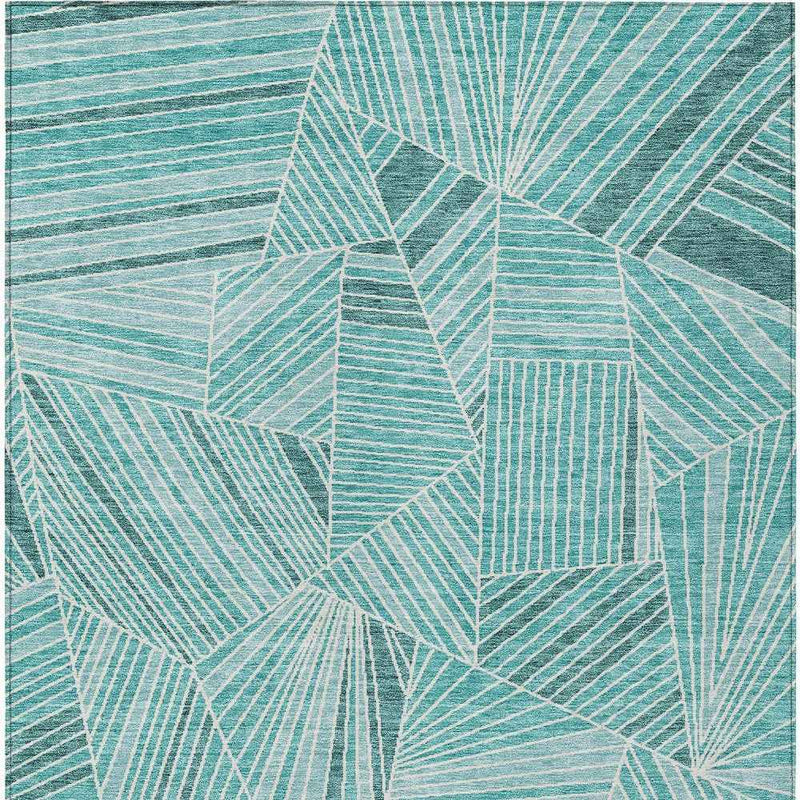 8' X 10' Teal Blue And Ivory Geometric Washable Indoor Outdoor Area Rug