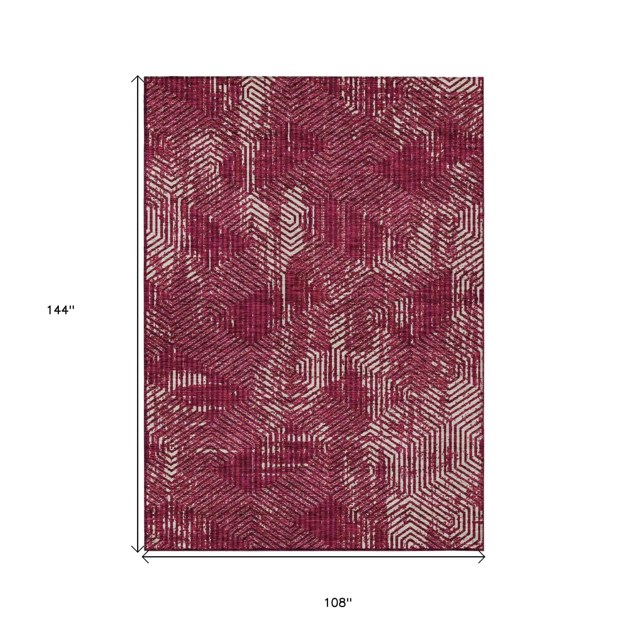 9' X 12' Burgundy And Ivory Geometric Washable Indoor Outdoor Area Rug