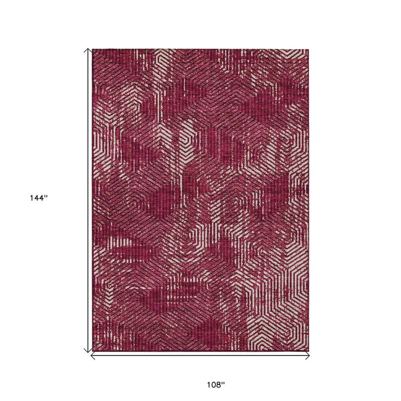 9' X 12' Burgundy And Ivory Geometric Washable Indoor Outdoor Area Rug