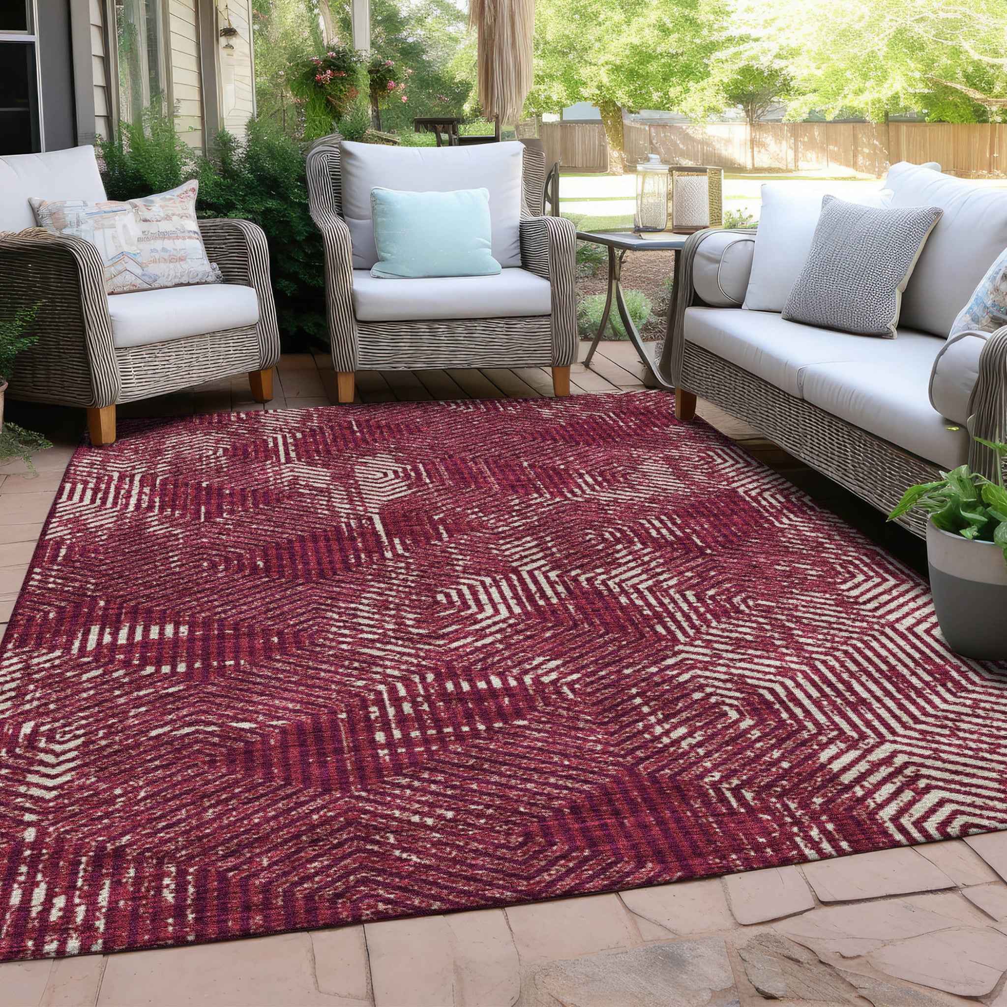 9' X 12' Burgundy And Ivory Geometric Washable Indoor Outdoor Area Rug