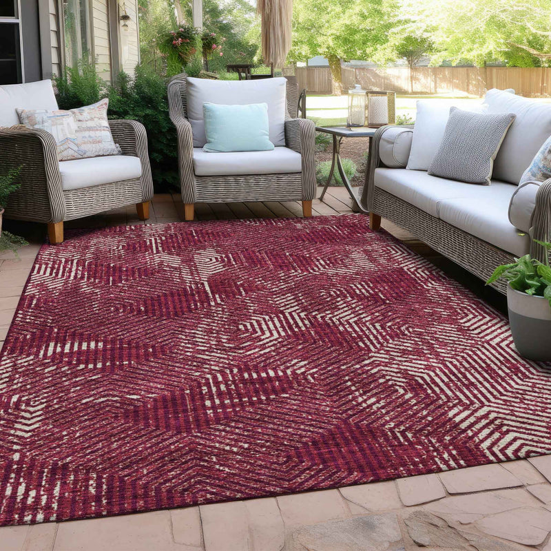 9' X 12' Burgundy And Ivory Geometric Washable Indoor Outdoor Area Rug