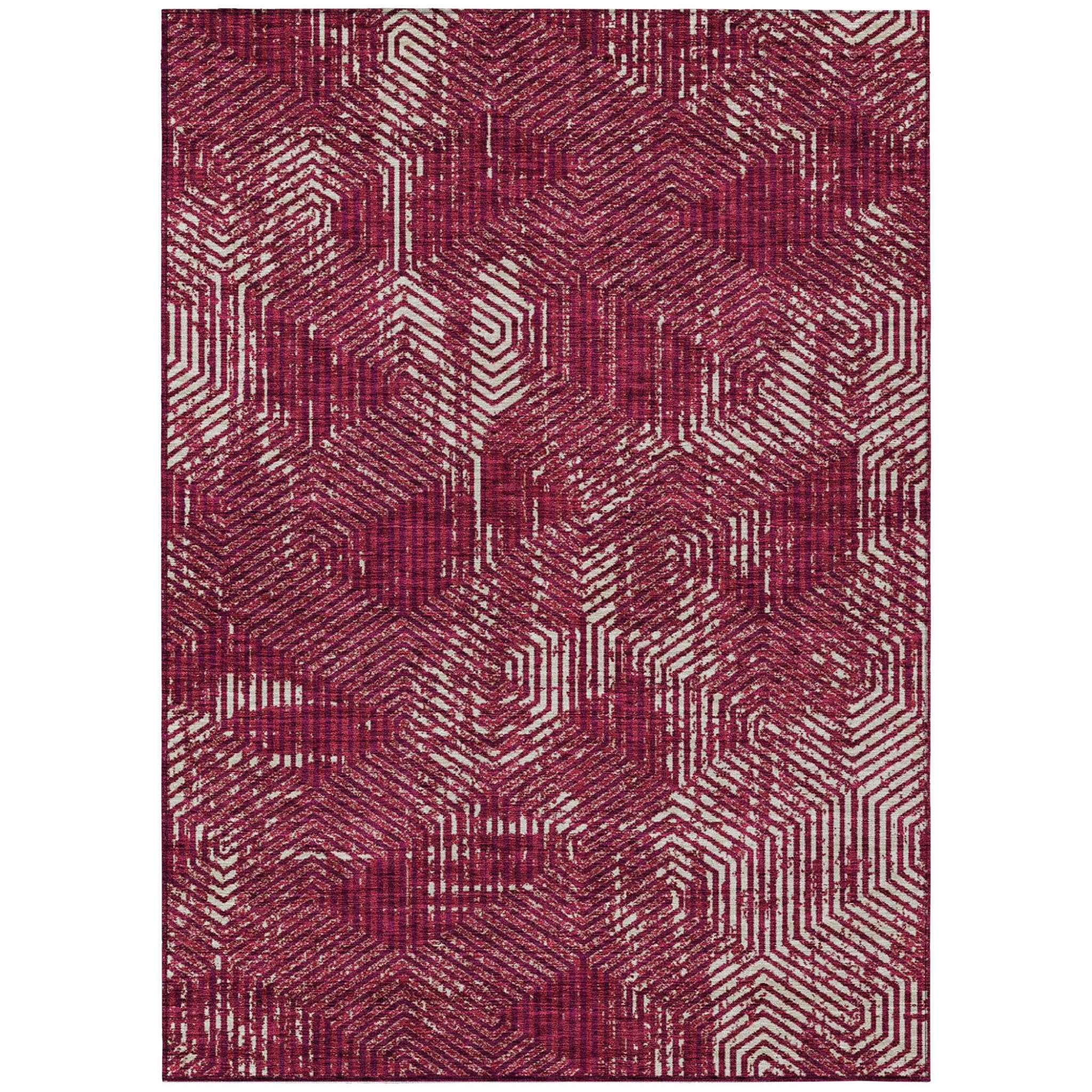 9' X 12' Burgundy And Ivory Geometric Washable Indoor Outdoor Area Rug