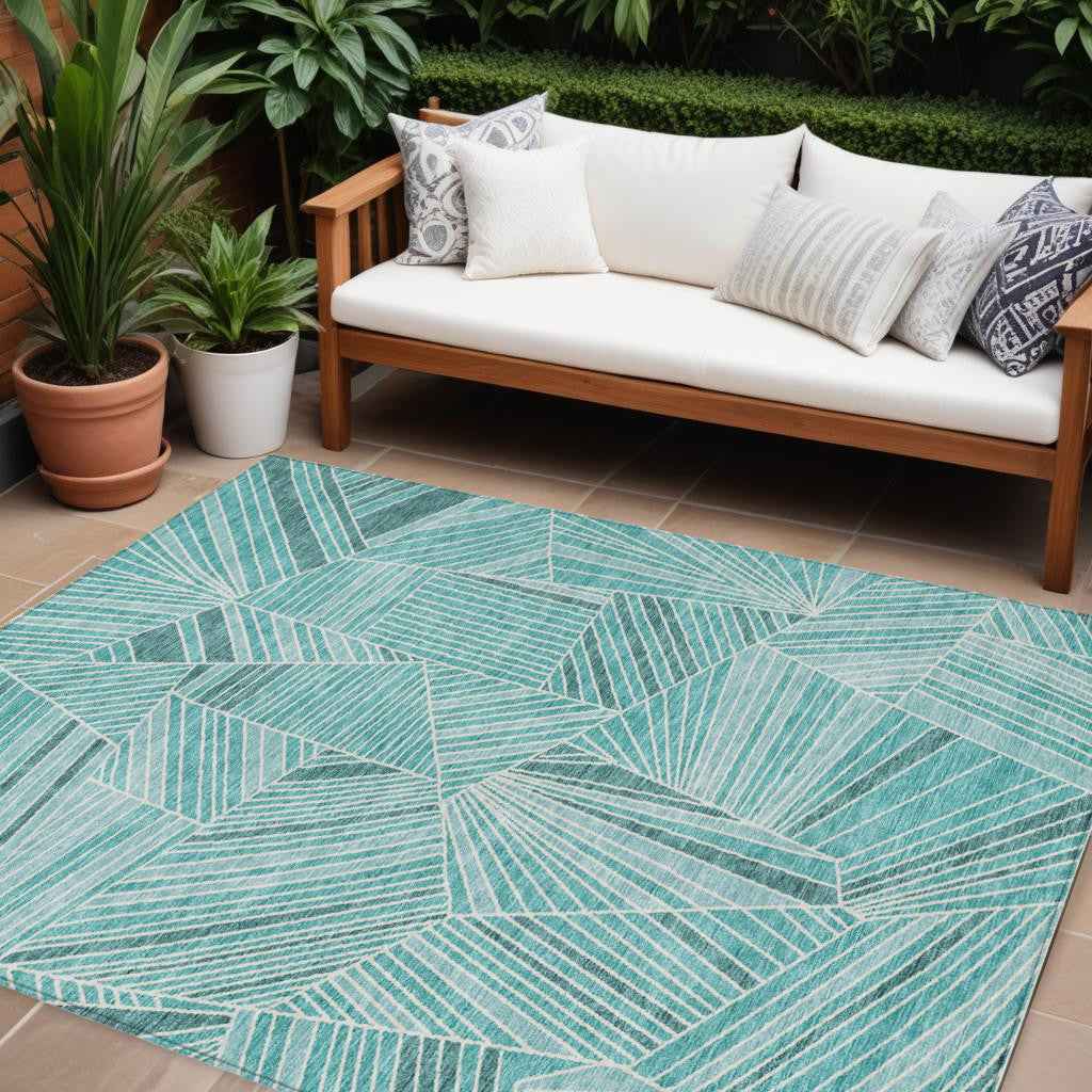 8' X 10' Teal Blue And Ivory Geometric Washable Indoor Outdoor Area Rug