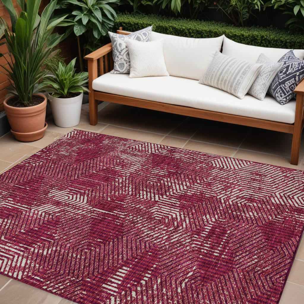 9' X 12' Burgundy And Ivory Geometric Washable Indoor Outdoor Area Rug