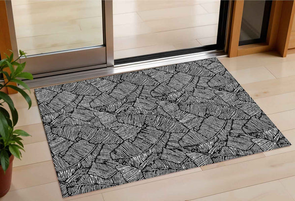 3' X 5' Black And Ivory Floral Washable Indoor Outdoor Area Rug