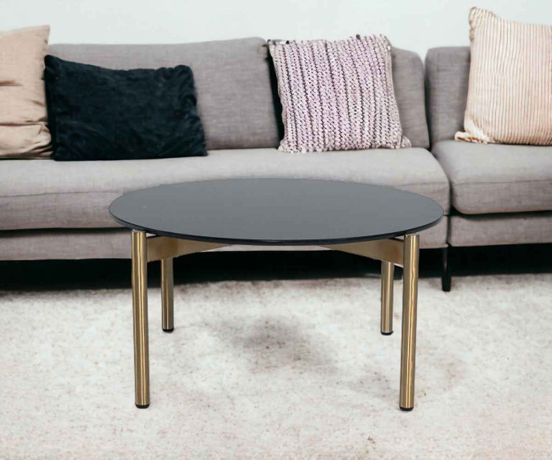36" Black and Gold Faux Marble And Steel Round Coffee Table