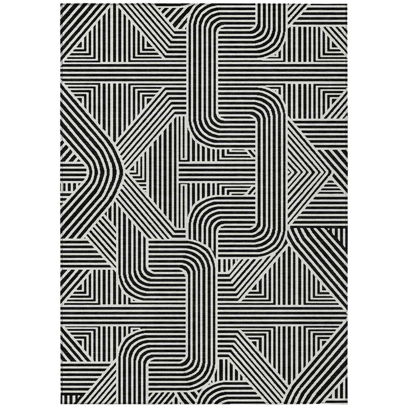 5' X 8' Black And Ivory Abstract Washable Indoor Outdoor Area Rug