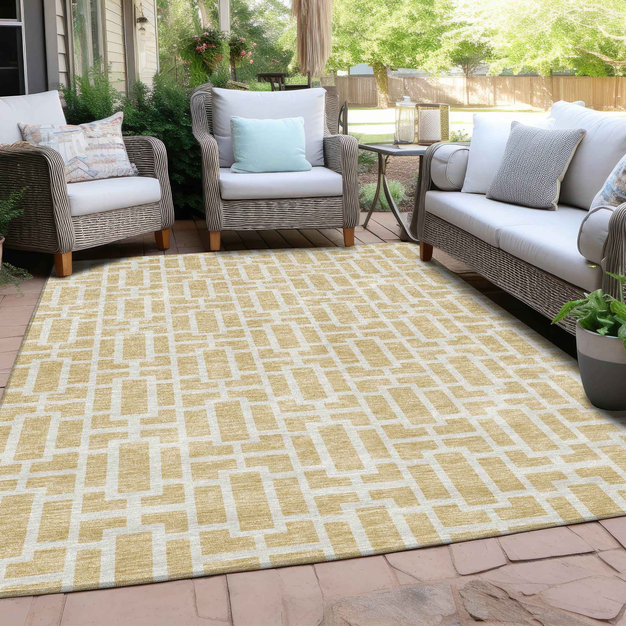 10' X 14' Wheat And Ivory Geometric Washable Indoor Outdoor Area Rug