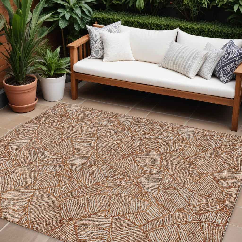 9' X 12' Copper And Beige Floral Washable Indoor Outdoor Area Rug