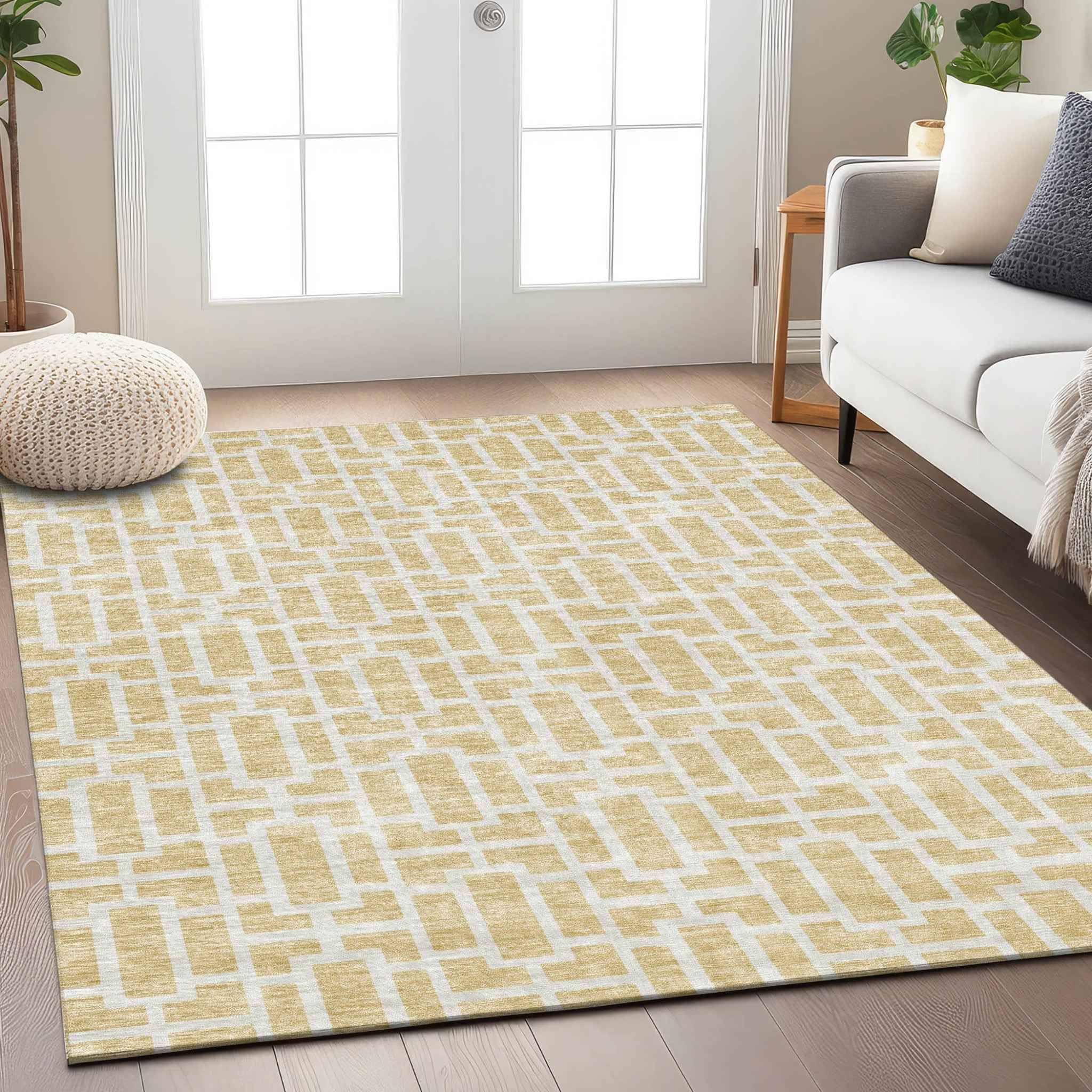 10' X 14' Wheat And Ivory Geometric Washable Indoor Outdoor Area Rug
