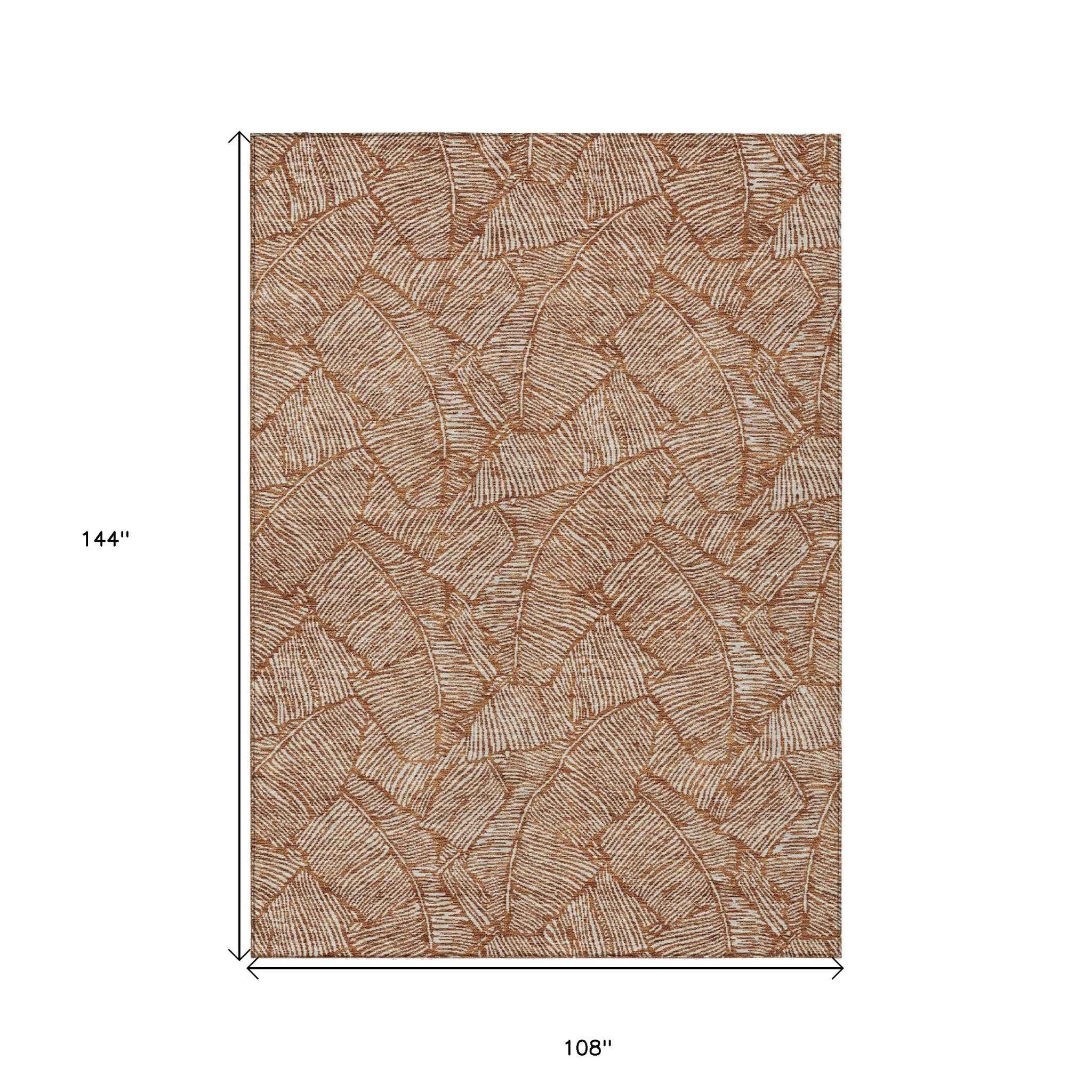 9' X 12' Copper And Beige Floral Washable Indoor Outdoor Area Rug