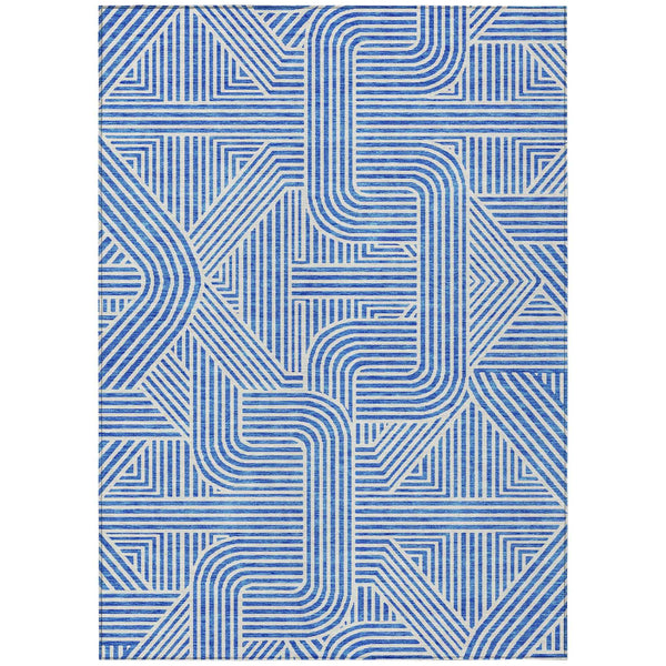 5' X 8' Blue And Ivory Abstract Washable Indoor Outdoor Area Rug