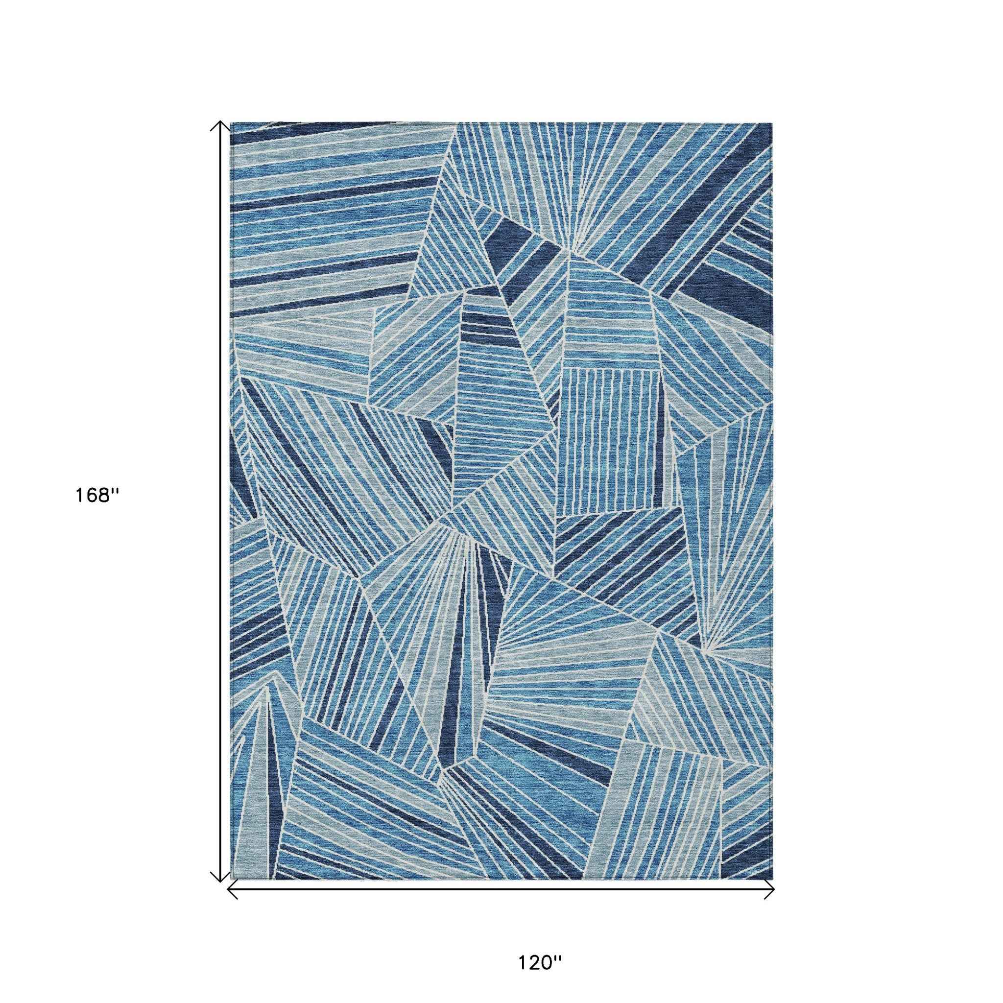 10' X 14' Blue And Teal Blue Geometric Washable Indoor Outdoor Area Rug