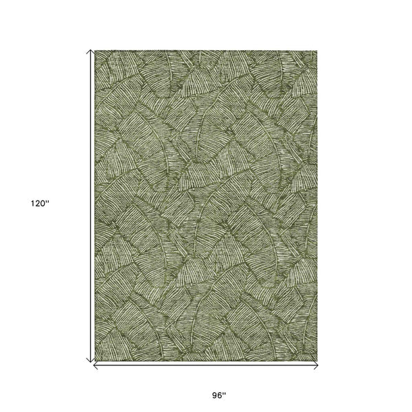 8' X 10' Olive Green And Light Green Floral Washable Indoor Outdoor Area Rug