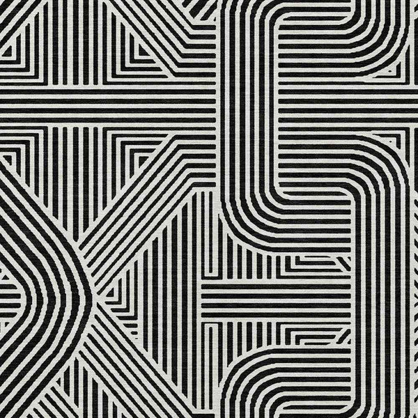 9' X 12' Black And Ivory Abstract Washable Indoor Outdoor Area Rug