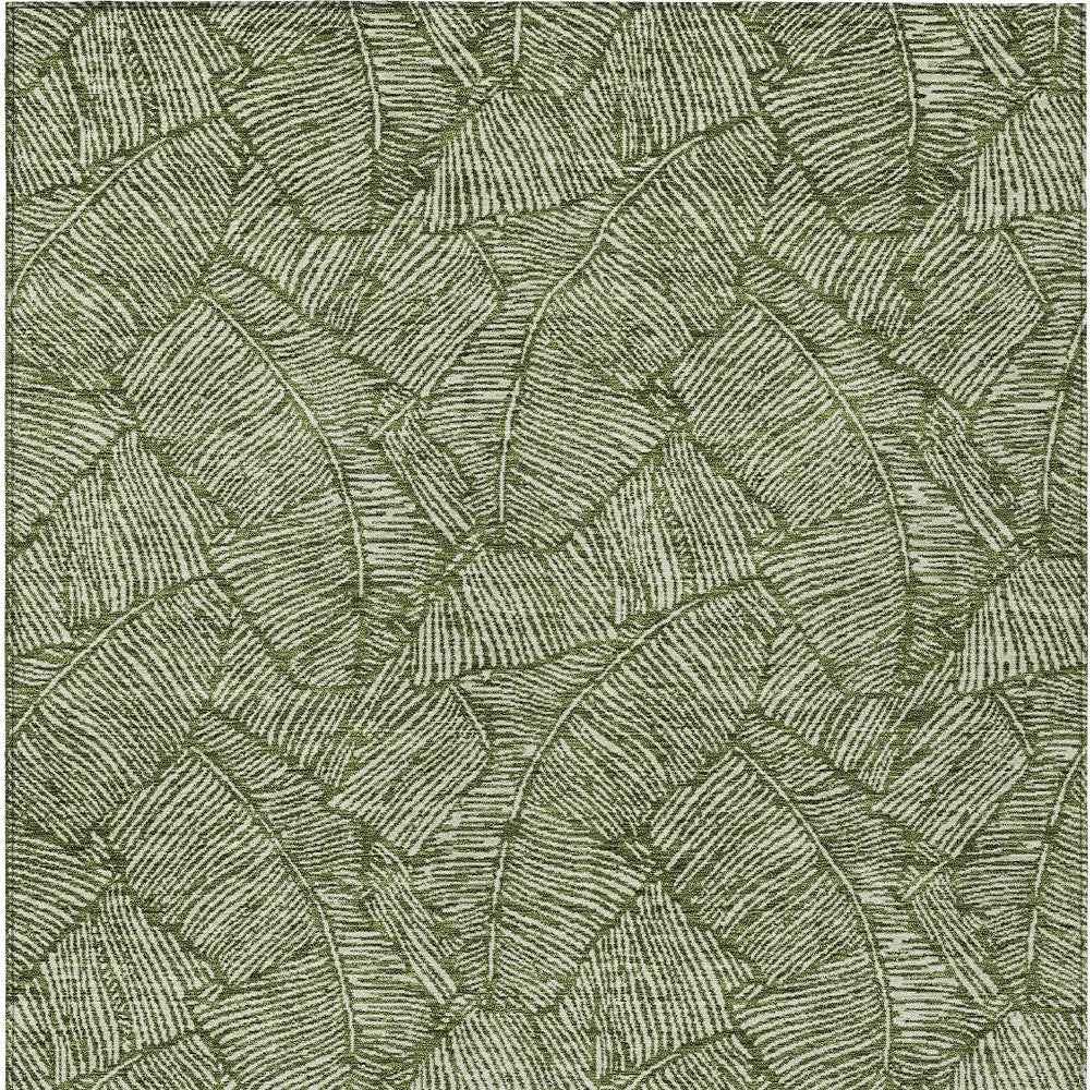 8' X 10' Olive Green And Light Green Floral Washable Indoor Outdoor Area Rug