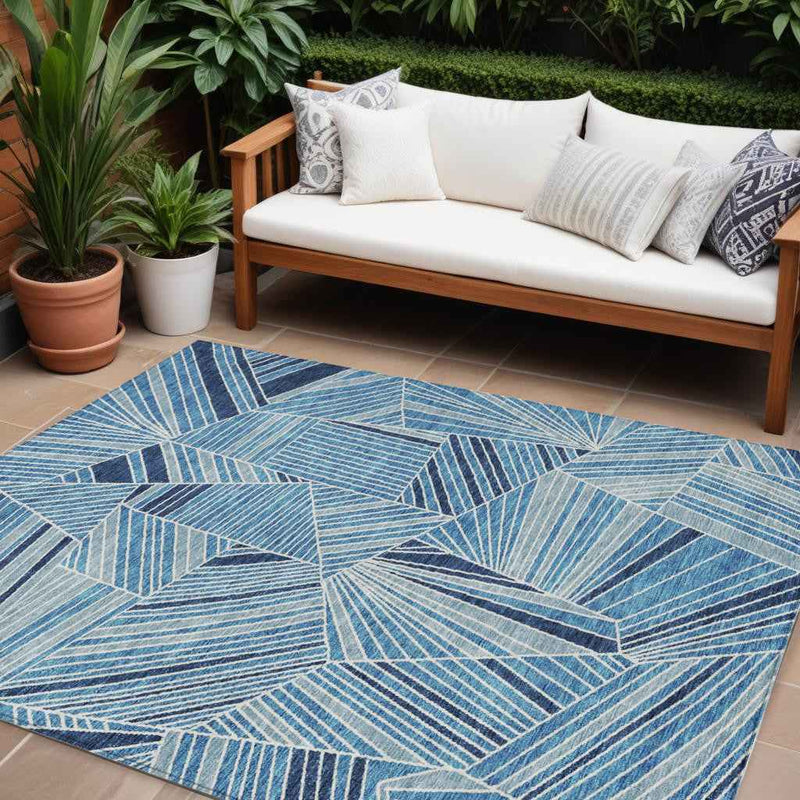10' X 14' Blue And Teal Blue Geometric Washable Indoor Outdoor Area Rug