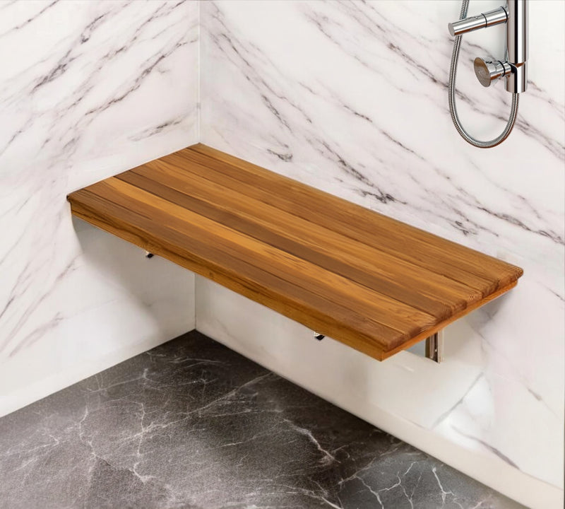 Teak wall-mounted shower bench with slatted seat in corner installation