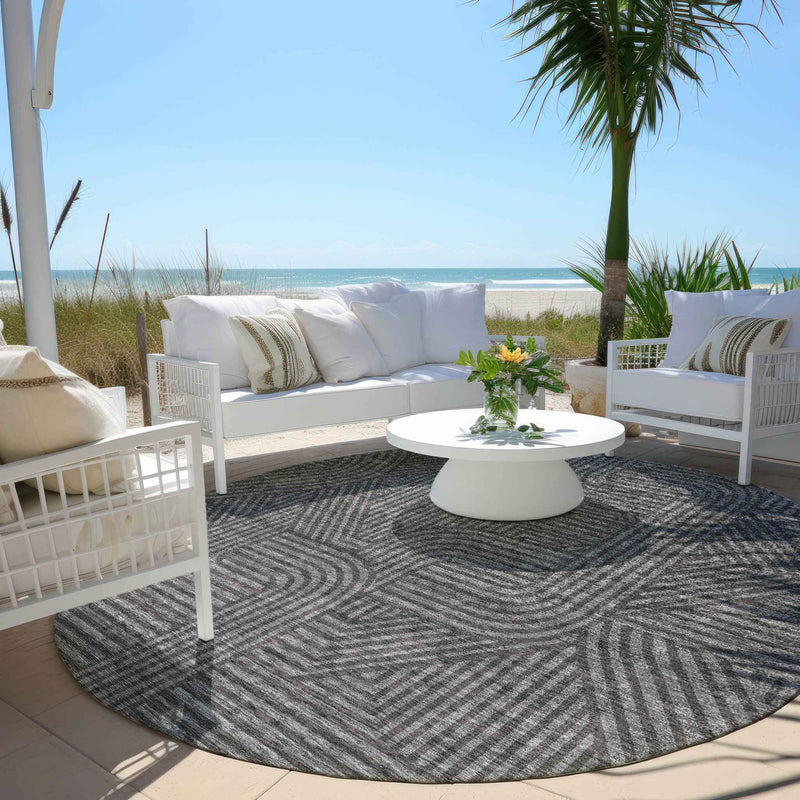 8' Charcoal And Gray Round Abstract Washable Indoor Outdoor Area Rug