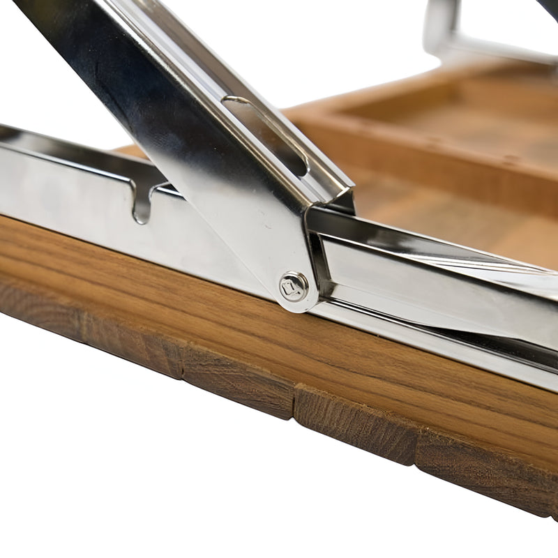 Teak shower bench close-up showing metal bracket and mounting hardware