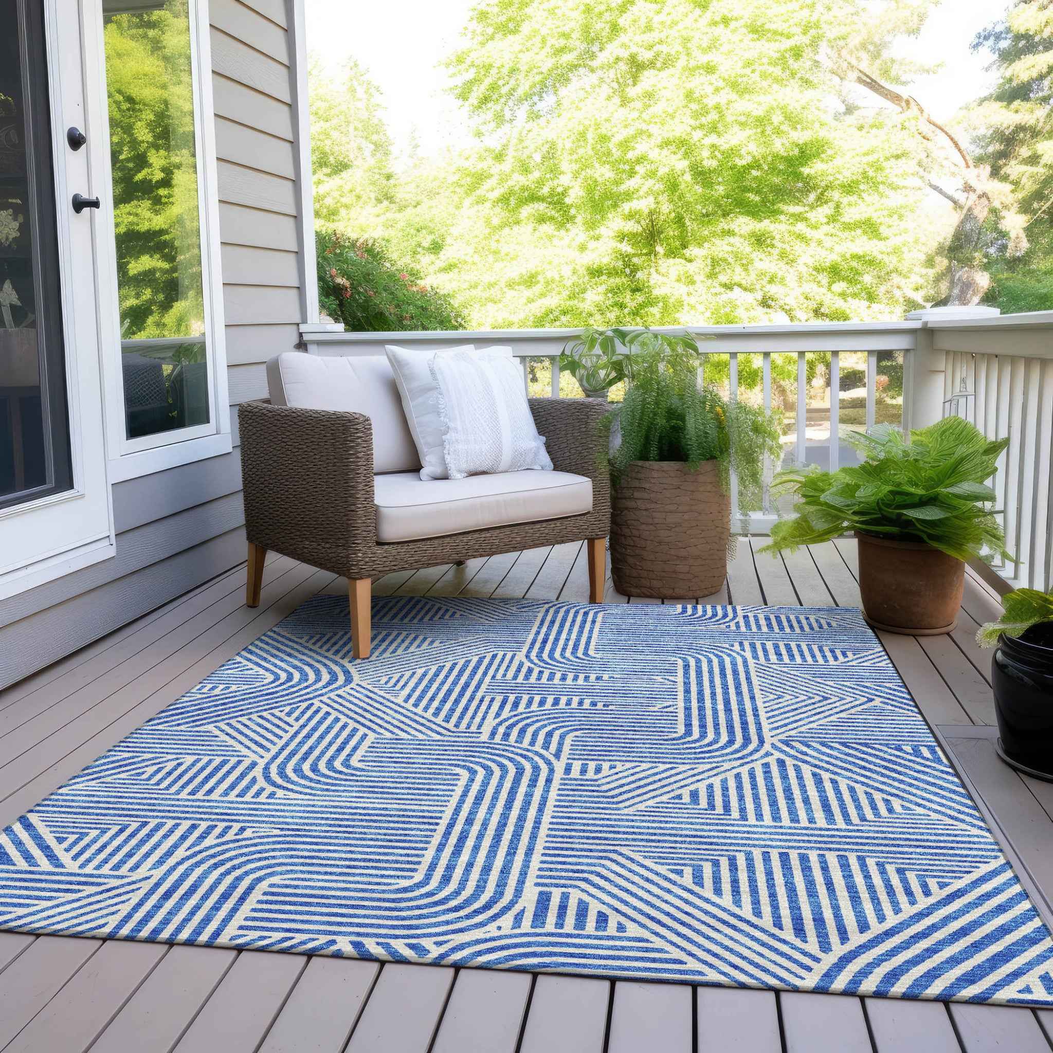 9' X 12' Blue And Ivory Abstract Washable Indoor Outdoor Area Rug