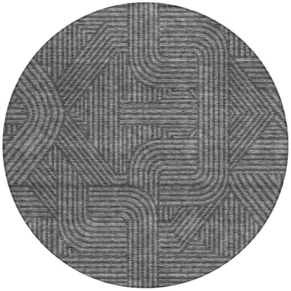 8' Charcoal And Gray Round Abstract Washable Indoor Outdoor Area Rug
