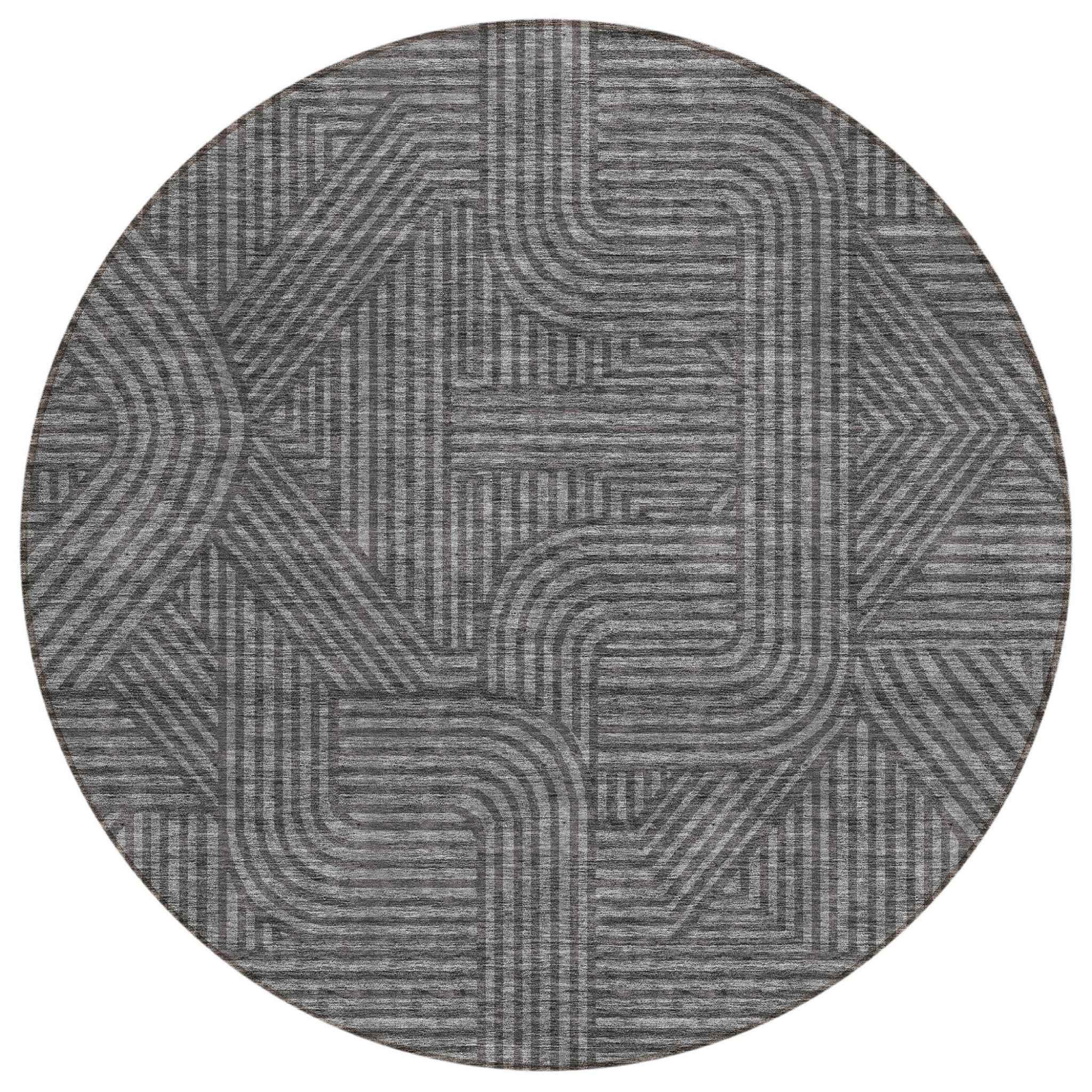 8' Charcoal And Gray Round Abstract Washable Indoor Outdoor Area Rug