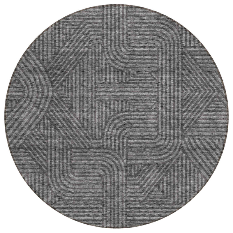 8' Charcoal And Gray Round Abstract Washable Indoor Outdoor Area Rug