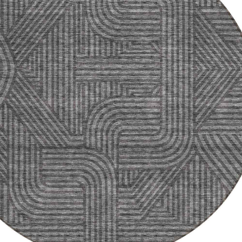 8' Charcoal And Gray Round Abstract Washable Indoor Outdoor Area Rug