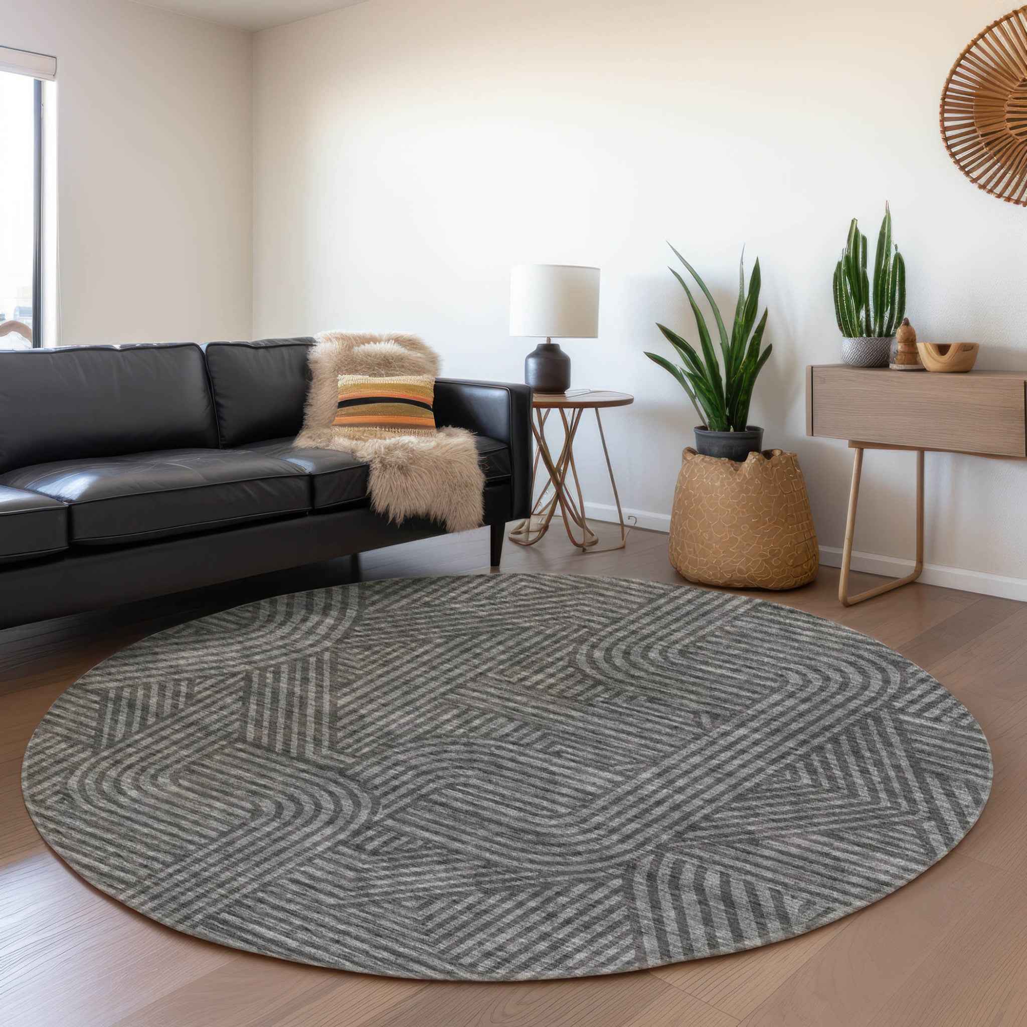 8' Charcoal And Gray Round Abstract Washable Indoor Outdoor Area Rug