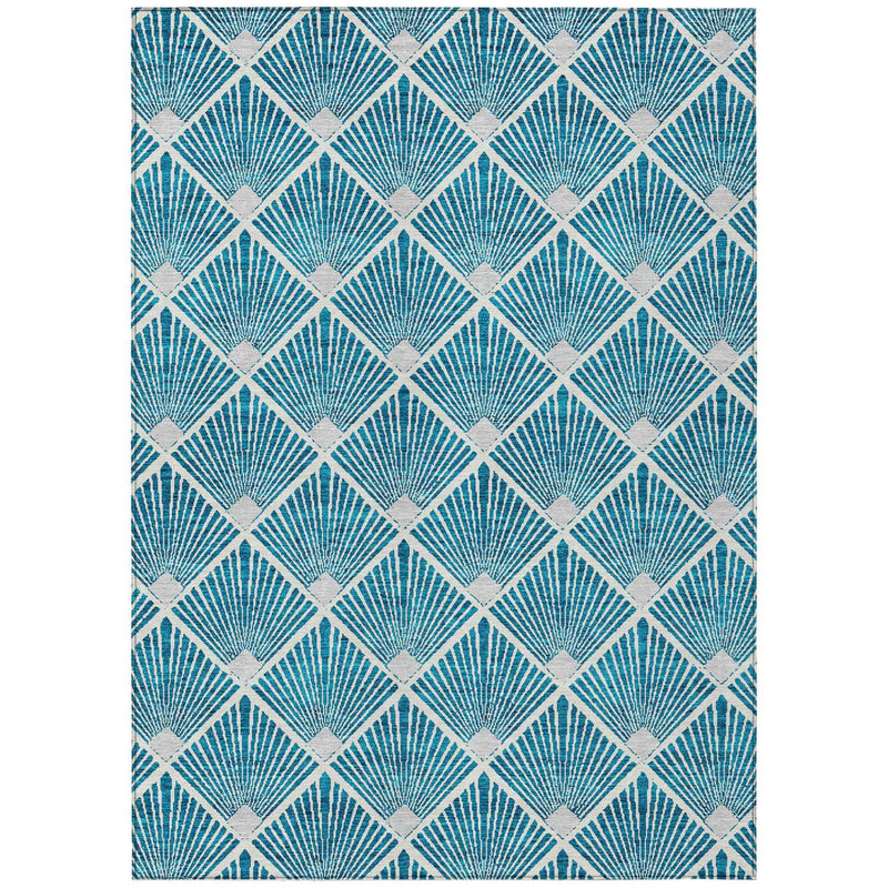 5' X 8' Teal Blue And Ivory Geometric Washable Indoor Outdoor Area Rug