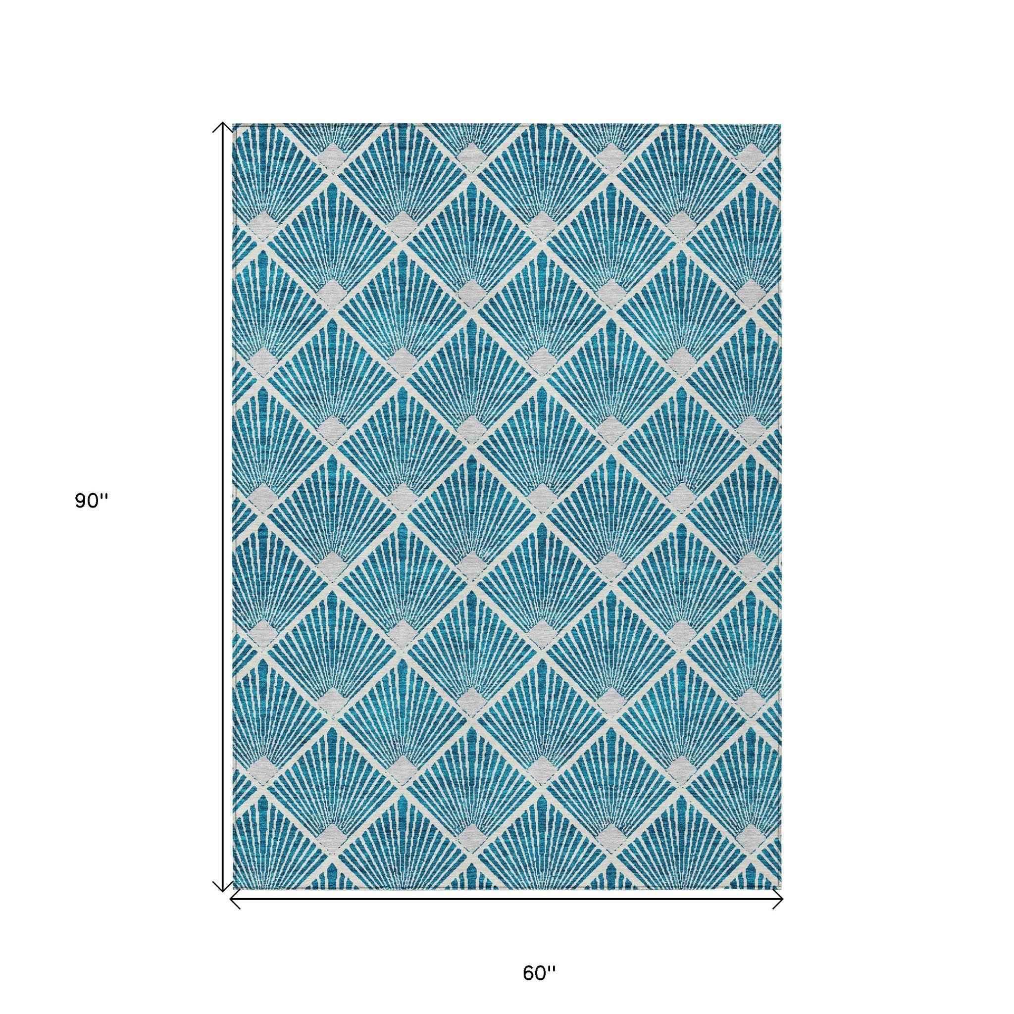 5' X 8' Teal Blue And Ivory Geometric Washable Indoor Outdoor Area Rug