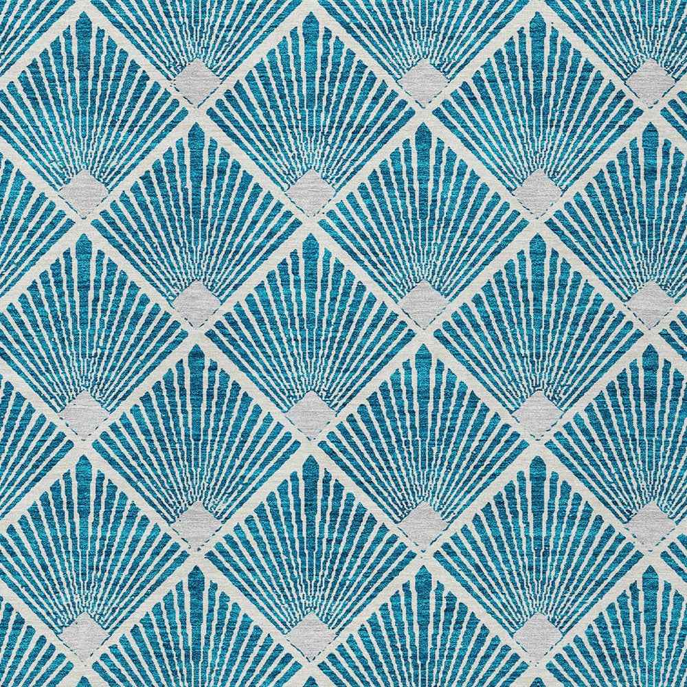 5' X 8' Teal Blue And Ivory Geometric Washable Indoor Outdoor Area Rug