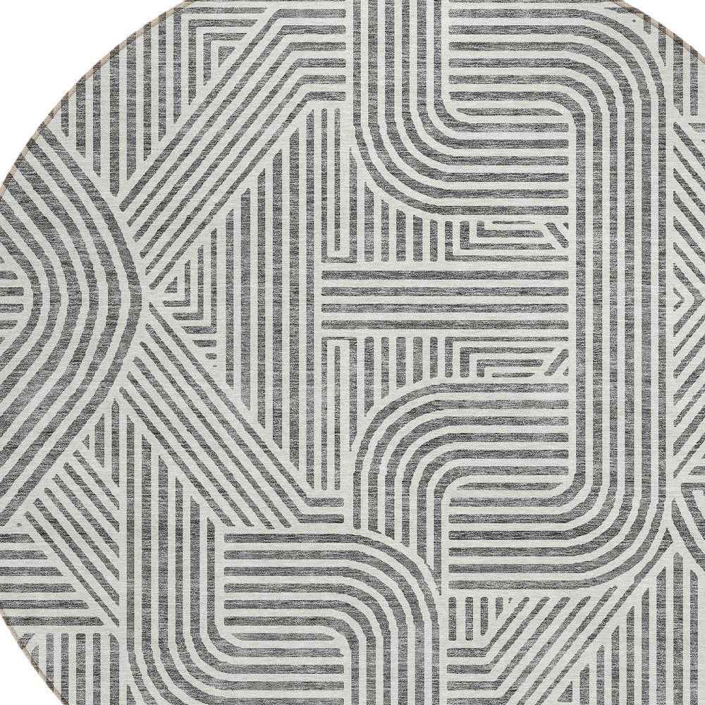 8' Gray And Ivory Round Abstract Washable Indoor Outdoor Area Rug
