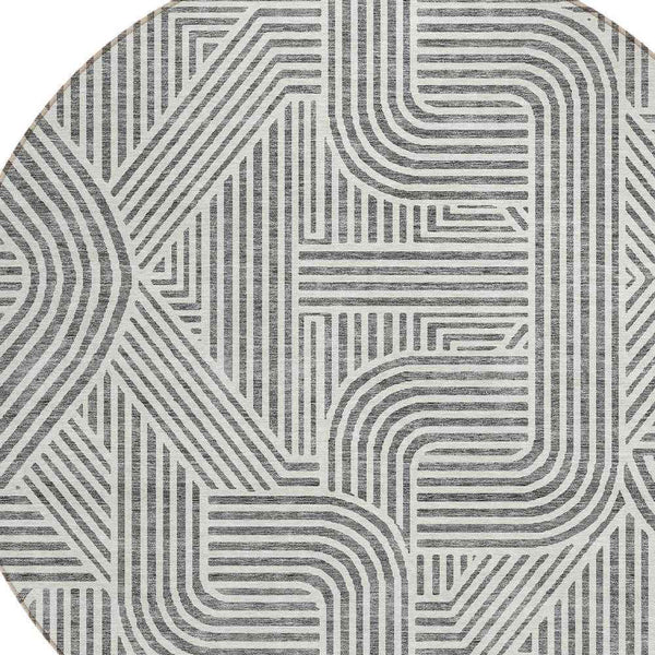 8' Gray And Ivory Round Abstract Washable Indoor Outdoor Area Rug