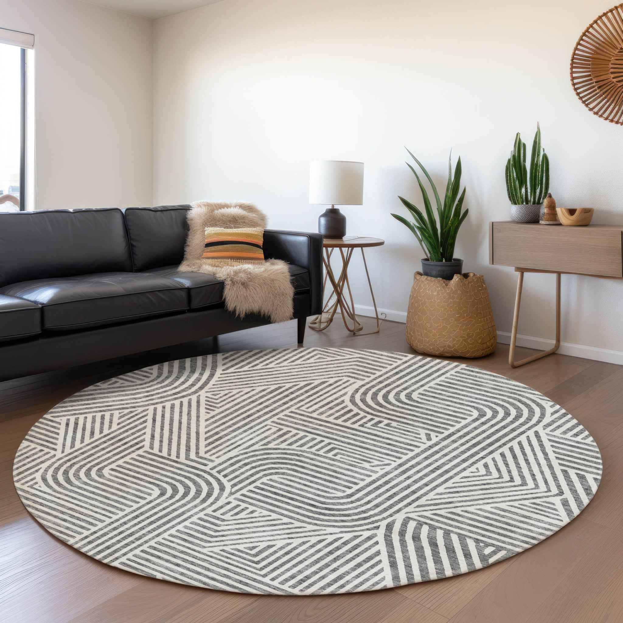 8' Gray And Ivory Round Abstract Washable Indoor Outdoor Area Rug